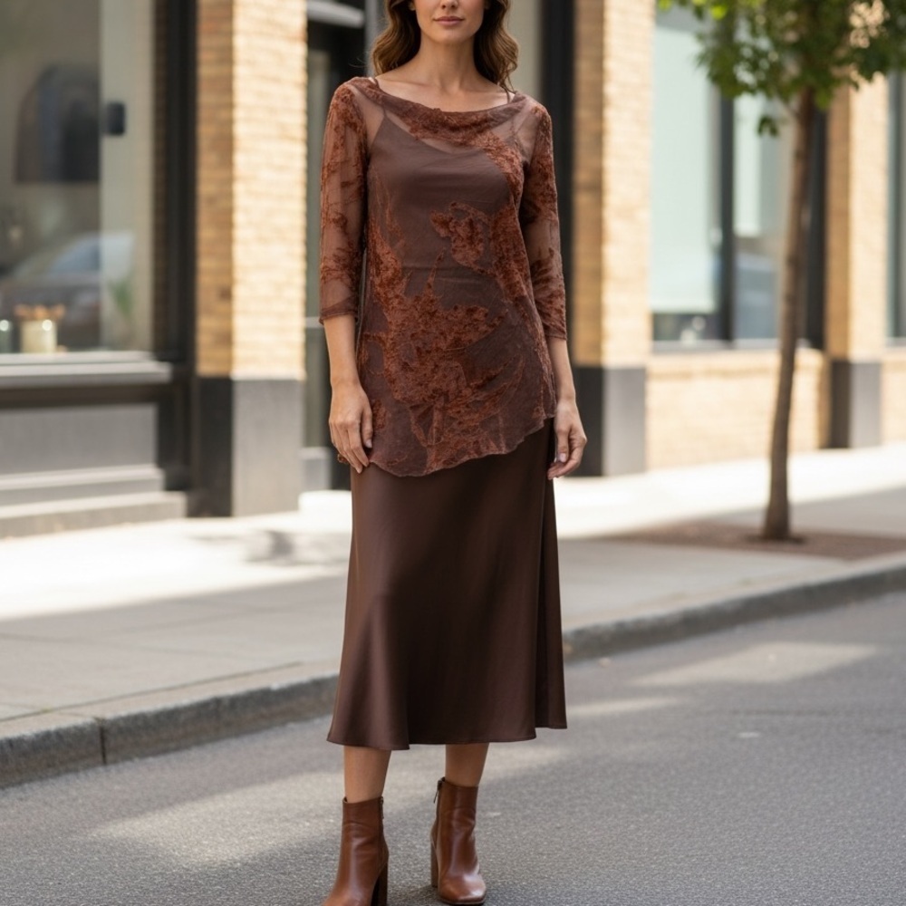 Y2K Brown Sheer Burnout Whimsigoth Drape Asymmetrical Mini Dress Womens Medium